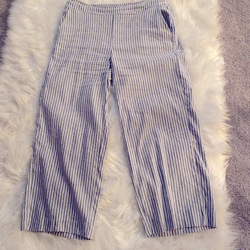 Linen blue white striped ankle pants